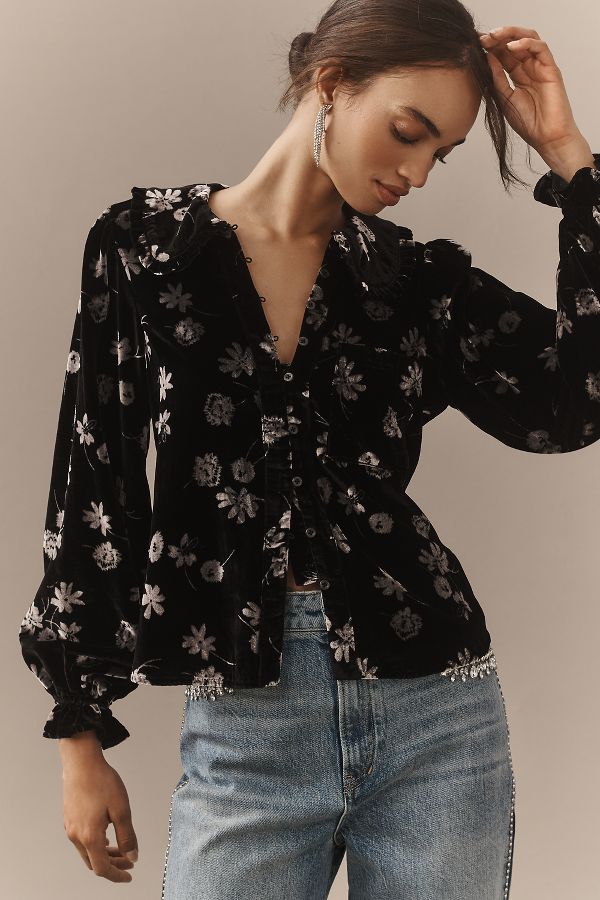 Slide View: 1: The Keira Collared Button-Front Blouse by Pilcro: Long-Sleeve Velvet Edition