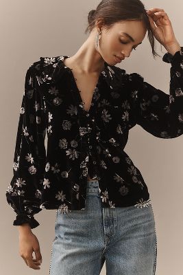 The Keira Collared Button-Front Blouse by Pilcro: Long-Sleeve Velvet Edition