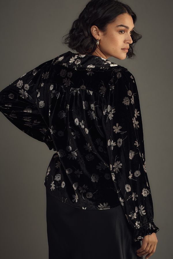 Slide View: 6: The Keira Collared Button-Front Blouse by Pilcro: Long-Sleeve Velvet Edition