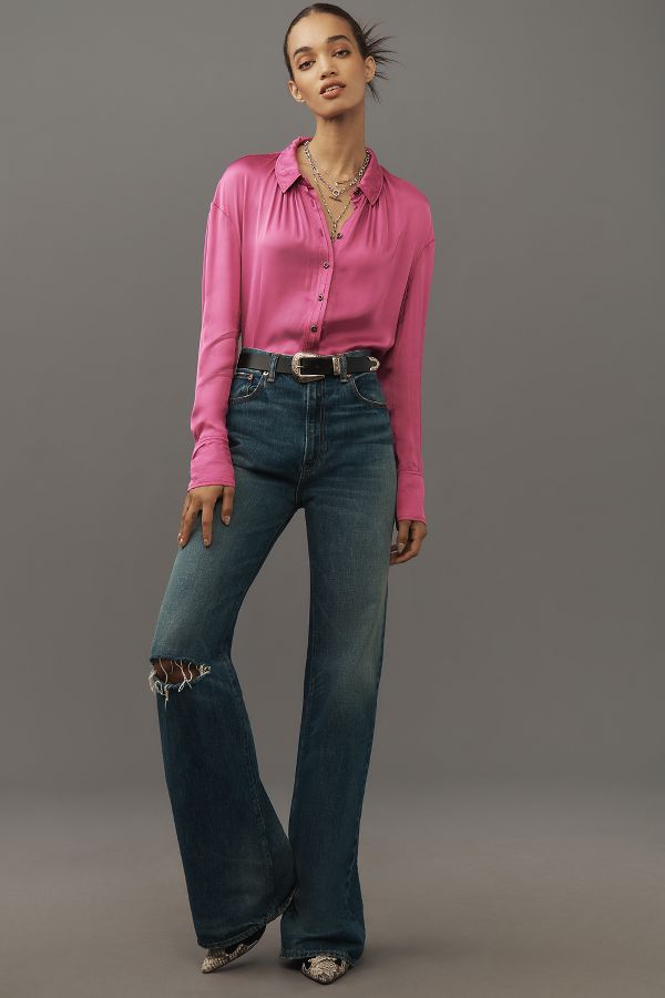 Slide View: 3: Pilcro Cropped Satin Buttondown Blouse