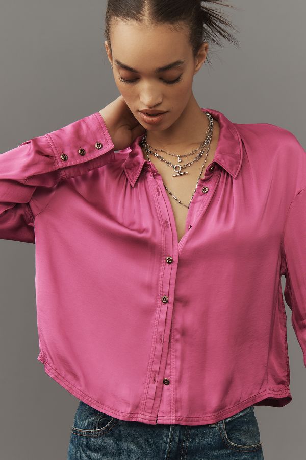 Slide View: 4: Pilcro Cropped Satin Buttondown Blouse