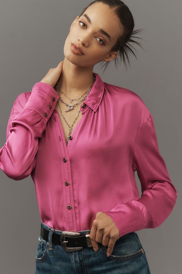 Slide View: 1: Pilcro Cropped Satin Buttondown Blouse