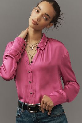 Pilcro Cropped Satin Buttondown Blouse