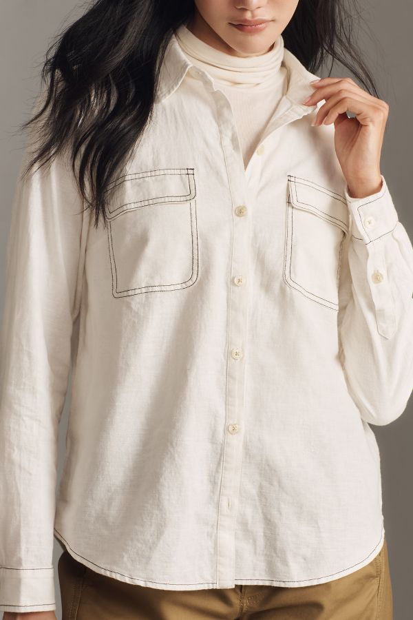 Slide View: 3: Maeve Contrast-Stitch Linen Buttondown Shirt