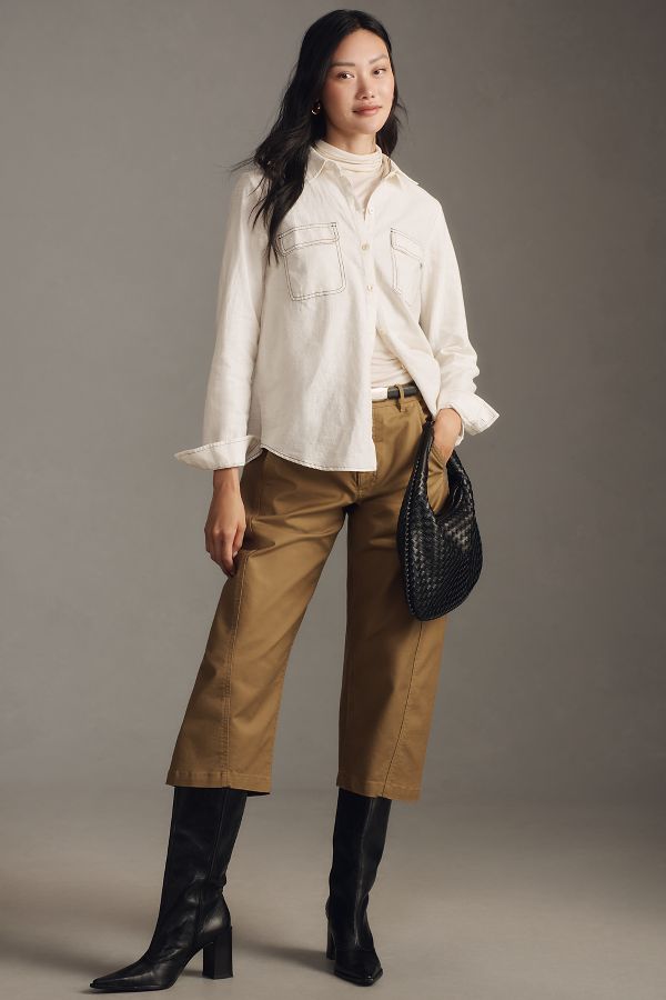 Slide View: 4: Maeve Contrast-Stitch Linen Buttondown Shirt