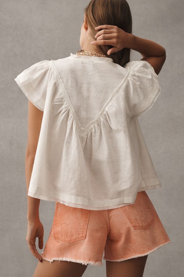 Slide View: 2: By Anthropologie Short-Sleeve Smocked Linen-Blend Blouse