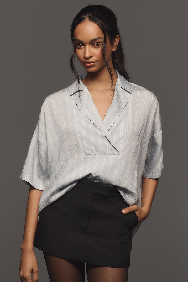 Slide View: 1: The Dylon Short-Sleeve Wide-Placket Top: Striped Edition