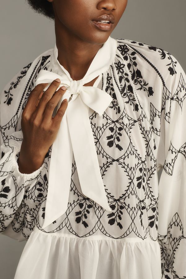 Slide View: 3: By Anthropologie Long-Sleeve Tie-Neck Embroidered Blouse