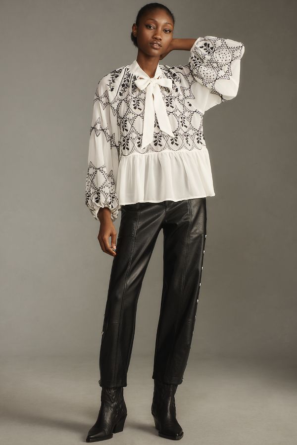 Slide View: 4: By Anthropologie Long-Sleeve Tie-Neck Embroidered Blouse