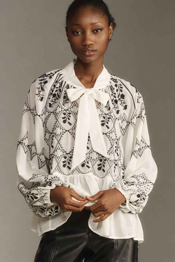 Slide View: 1: By Anthropologie Long-Sleeve Tie-Neck Embroidered Blouse