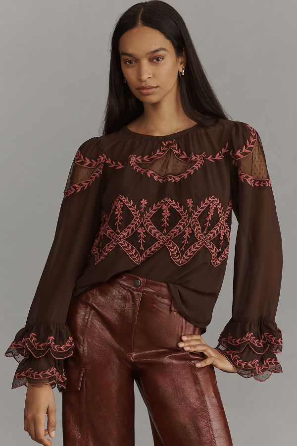 Slide View: 1: By Anthropologie Long-Sleeve Appliqué Blouse