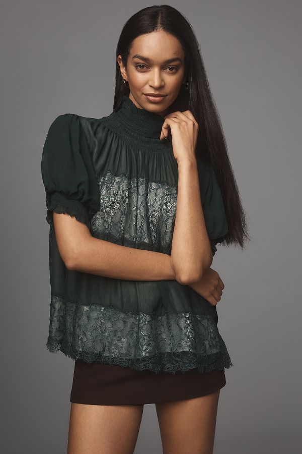 Slide View: 4: By Anthropologie High-Neck Lace Swing Blouse