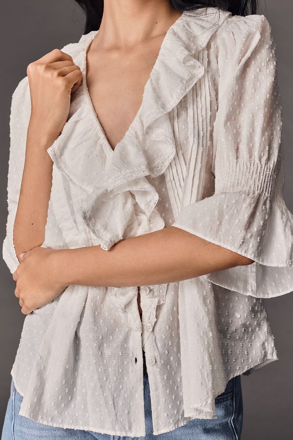 Slide View: 5: By Anthropologie Ruffled Pin-Tuck Button-Front Blouse