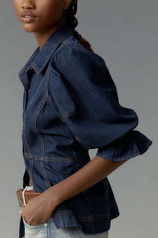 Slide View: 4: By Anthropologie Puff-Sleeve Denim Buttondown Shirt