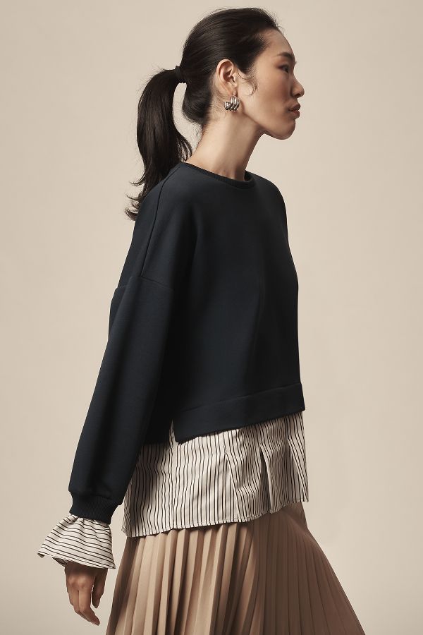 Slide View: 2: Maeve Striped Trim Twofer Sweatshirt