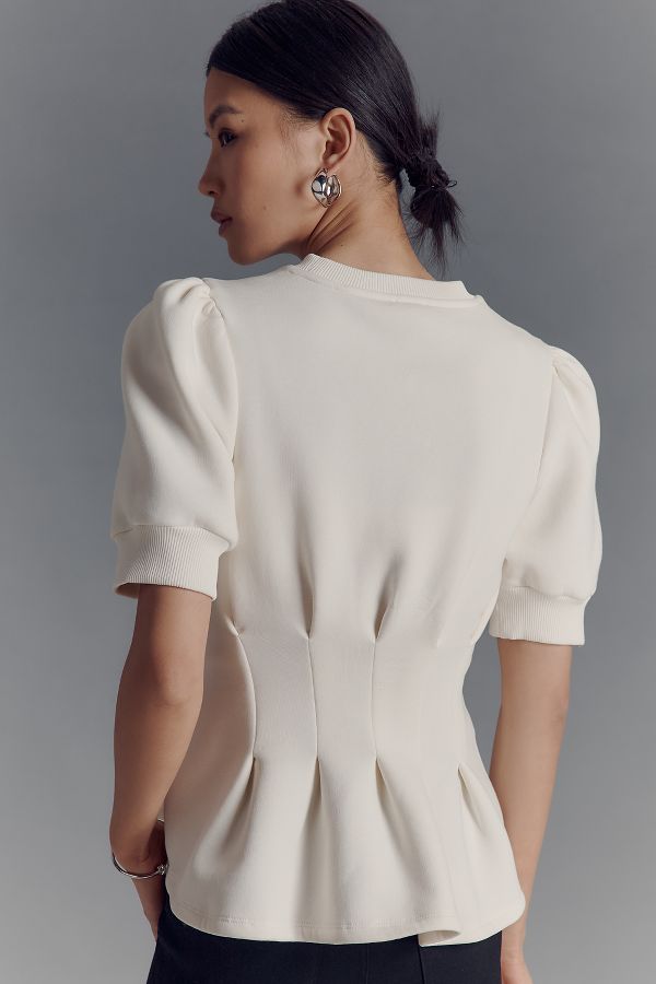 Slide View: 3: Maeve Puff-Sleeve Pleated-Waist Peplum Top