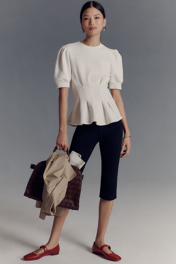 Slide View: 1: Maeve Puff-Sleeve Pleated-Waist Peplum Top