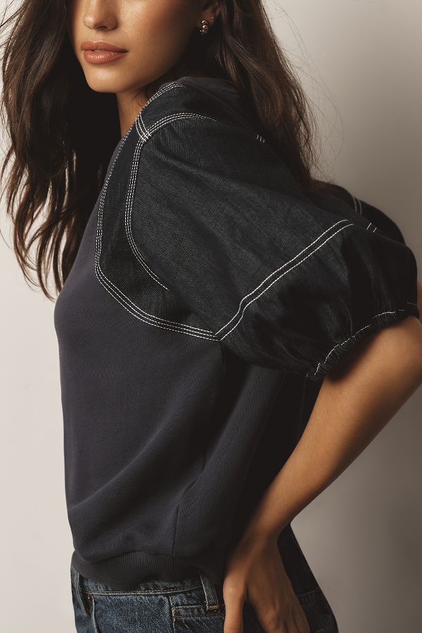 Slide View: 2: Pilcro Denim-Sleeve Twofer Sweatshirt