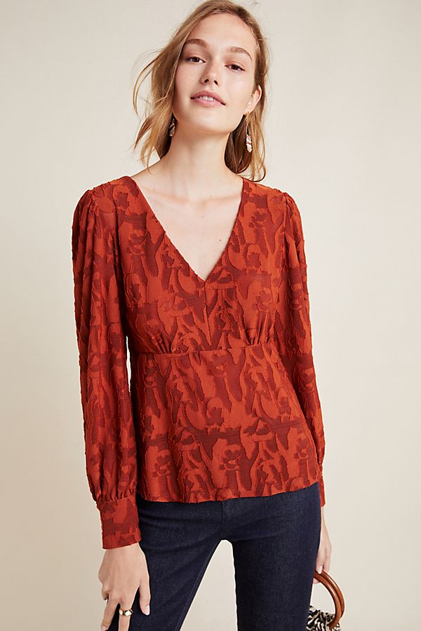 Slide View: 1: Burnout Velvet Puff-Sleeved Top