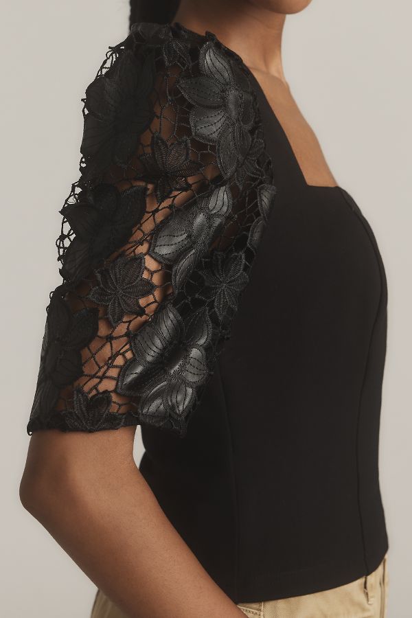 Slide View: 4: Dolan Left Coast Faux-Leather Cutwork Puff-Sleeve Blouse