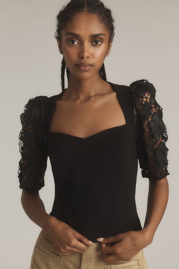 Slide View: 1: Dolan Left Coast Faux-Leather Cutwork Puff-Sleeve Blouse