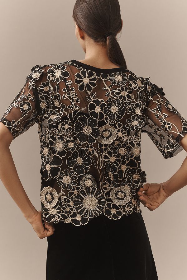 Slide View: 2: Dolan Left Coast Flower Appliqué Sheer Tee