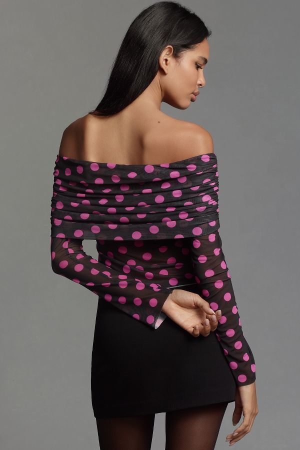 Slide View: 3: AFRM Lilith Off-The-Shoulder Mesh Long-Sleeve Top