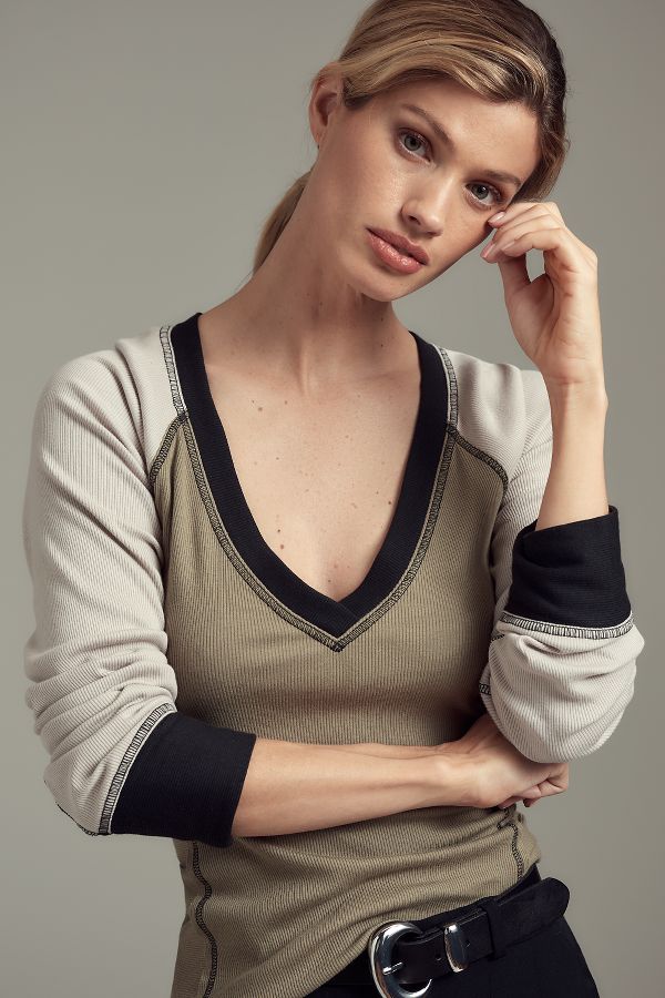 Slide View: 1: Pilcro V-Neck Long-Sleeve Exposed Seam Tee