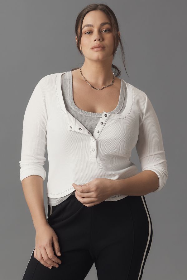 Slide View: 5: The Andie Scoop-Neck Ribbed Henley Top by Pilcro: Long-Sleeve Snap Edition