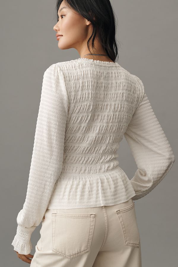 Slide View: 2: By Anthropologie Long-Sleeve Smocked V-Neck Top