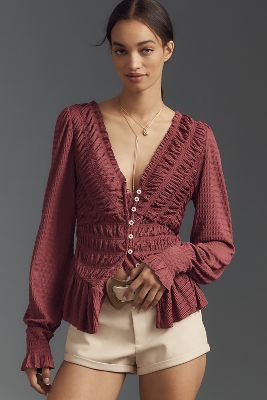 By Anthropologie Long-Sleeve Smocked V-Neck Top