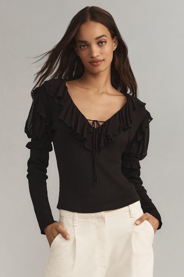 Slide View: 1: By Anthropologie Long-Sleeve Ruffle Top