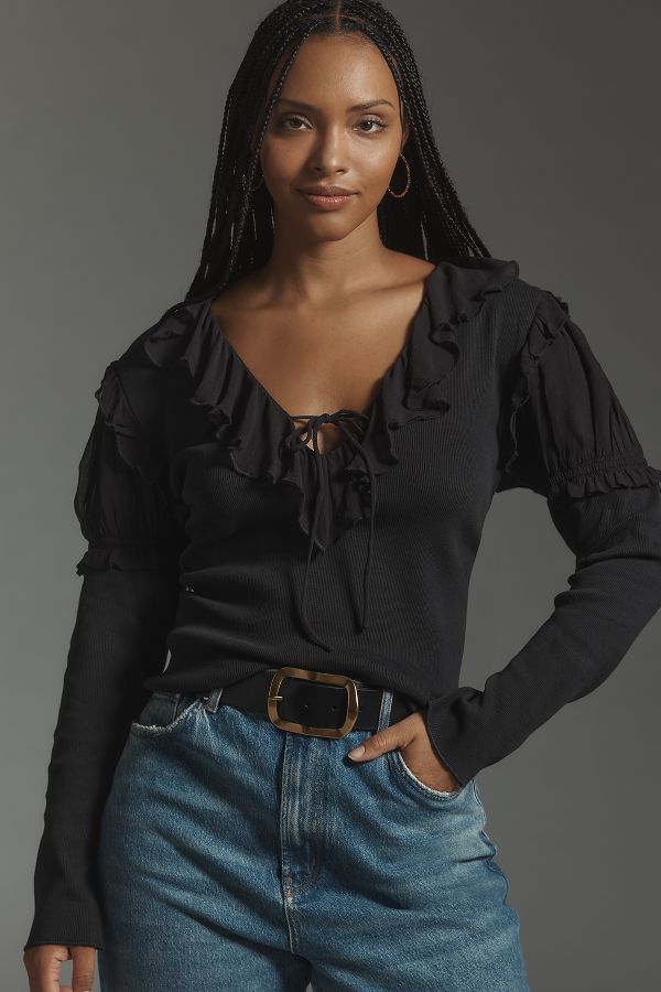 Slide View: 5: By Anthropologie Long-Sleeve Ruffle Top