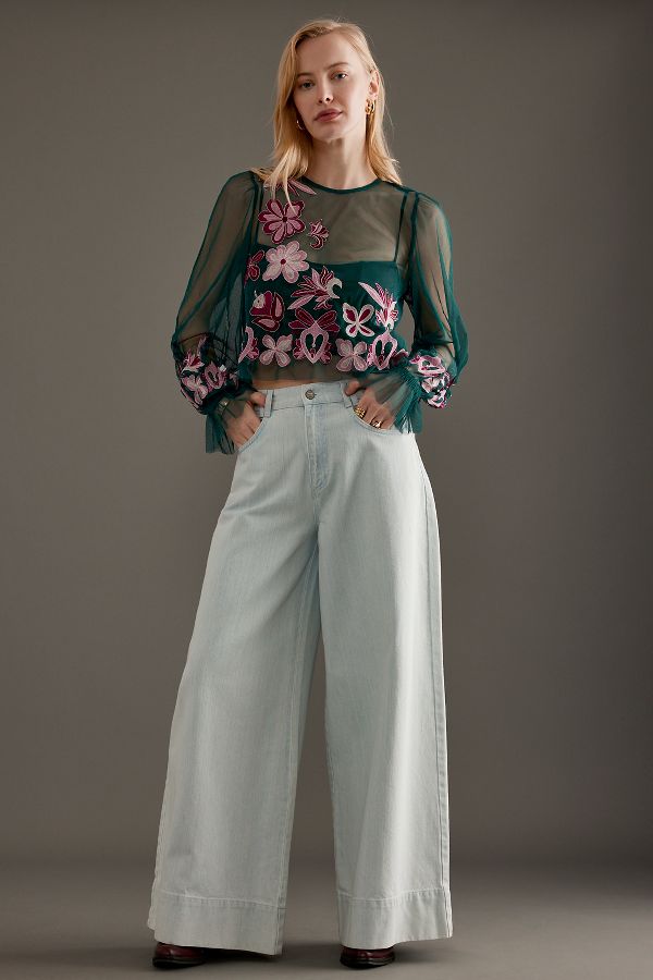 Slide View: 3: By Anthropologie Long-Sleeve Embroidered Mesh Top