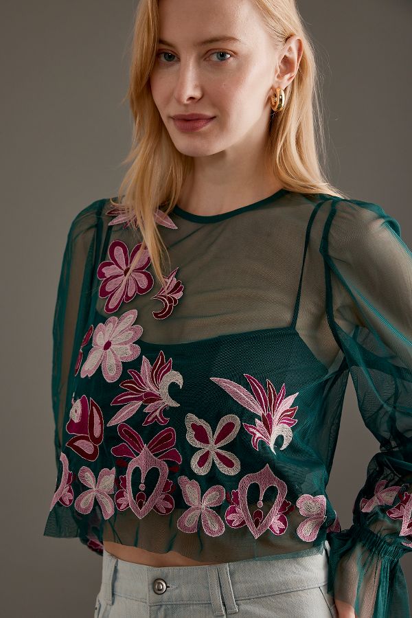 Slide View: 5: By Anthropologie Long-Sleeve Embroidered Mesh Top