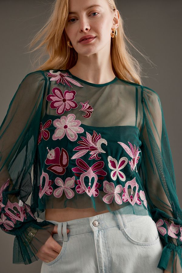 Slide View: 1: By Anthropologie Long-Sleeve Embroidered Mesh Top