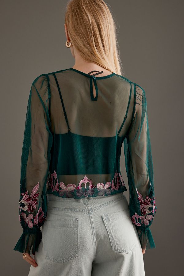 Slide View: 2: By Anthropologie Long-Sleeve Embroidered Mesh Top