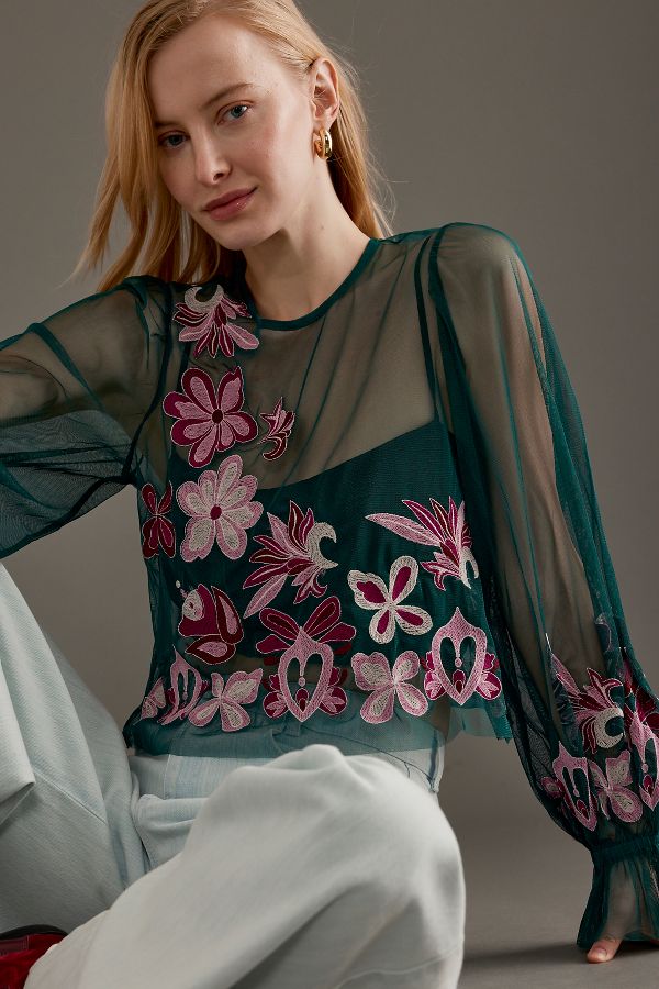 Slide View: 4: By Anthropologie Long-Sleeve Embroidered Mesh Top