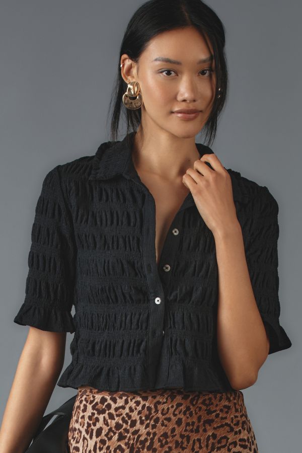 Slide View: 1: Maeve Smocked Button-Front Top