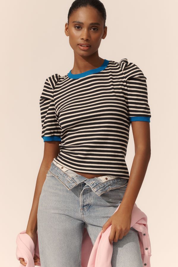 Slide View: 1: Maeve Puff-Sleeve Striped Top