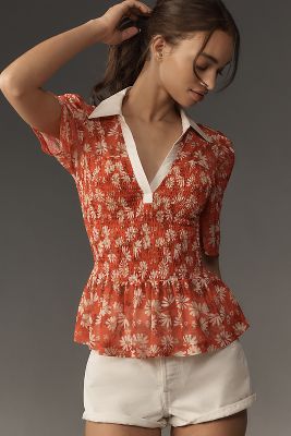 Maeve Short-Sleeve Smocked Polo Top