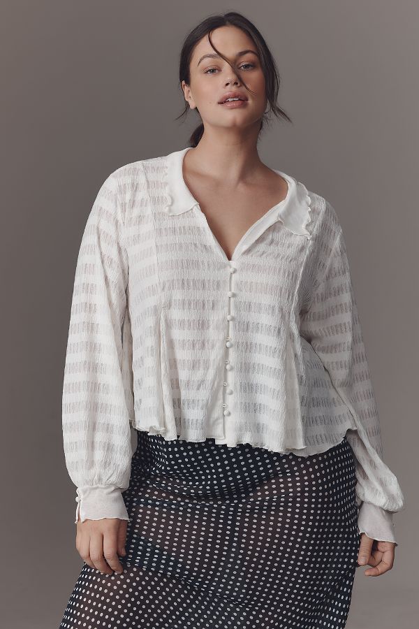 Slide View: 5: By Anthropologie Long-Sleeve Button-Front Textured Blouse