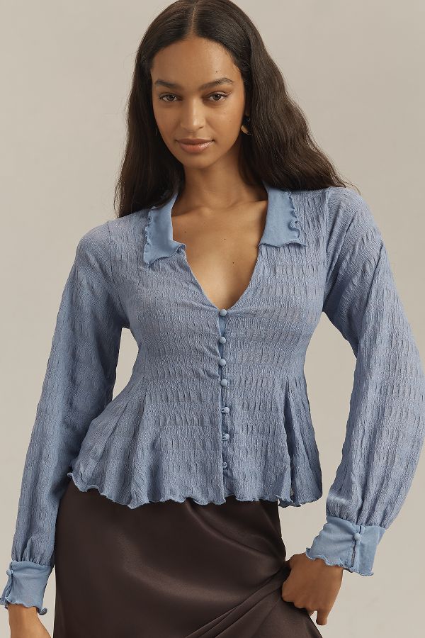 Slide View: 1: By Anthropologie Long-Sleeve Tie-Front Textured Blouse