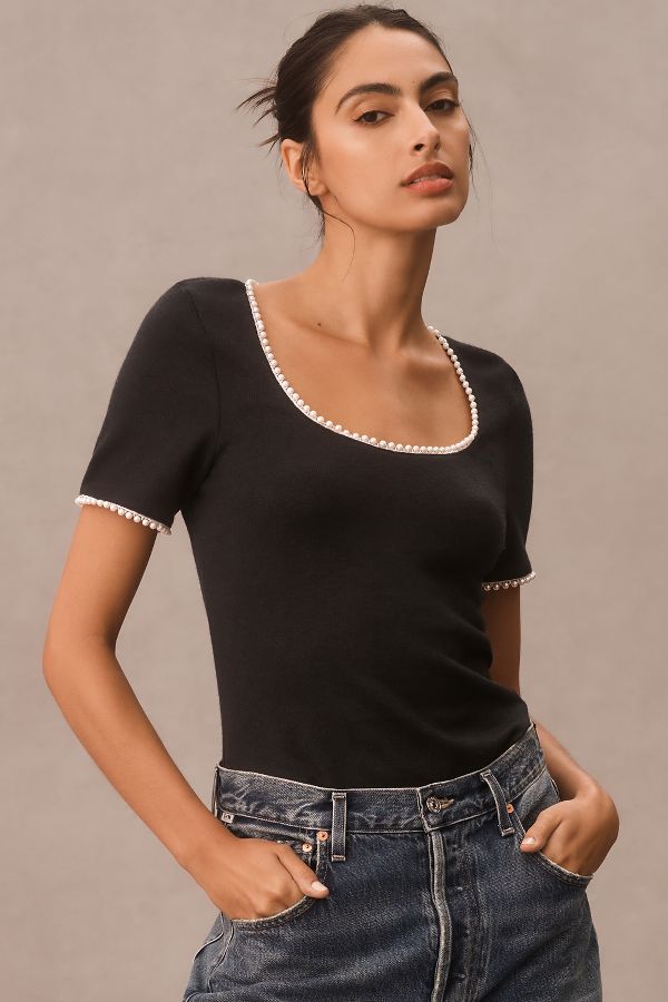 Slide View: 2: Canapé Pearl-Trim Scoop-Neck Tee