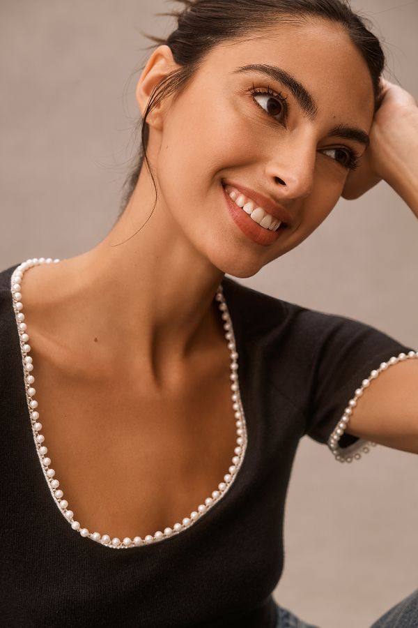 Slide View: 3: Canapé Pearl-Trim Scoop-Neck Tee