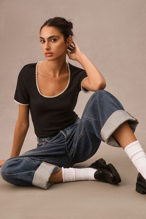 Slide View: 1: Canapé Pearl-Trim Scoop-Neck Tee