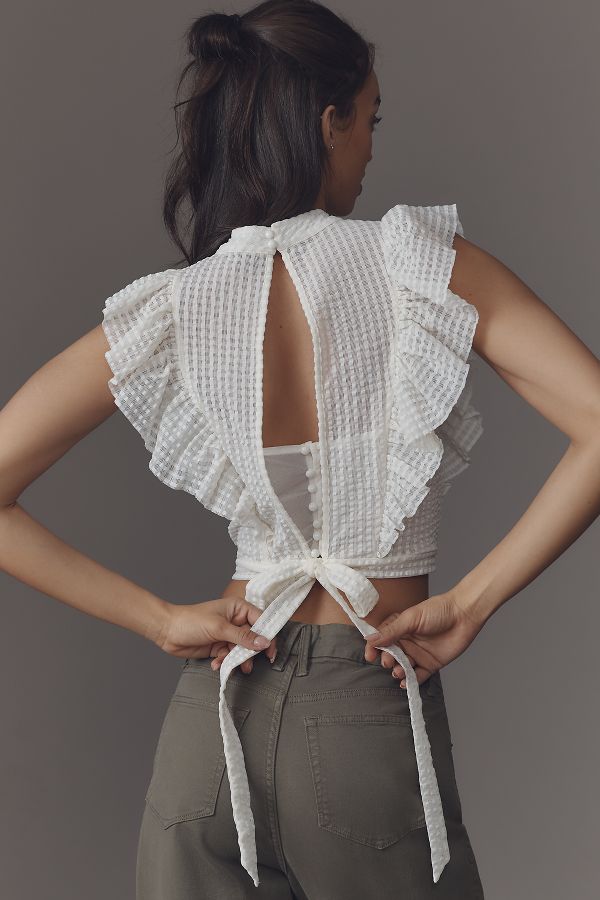 Slide View: 2: Maeve Cropped Ruffle Mesh Top