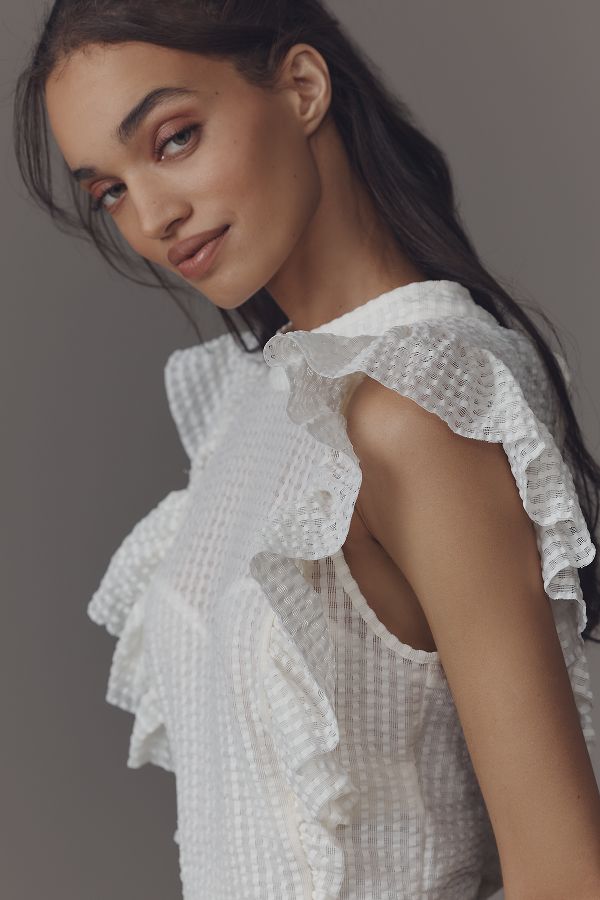 Slide View: 4: Maeve Cropped Ruffle Mesh Top