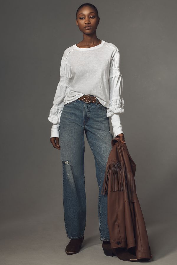 Slide View: 2: Pilcro Crew-Neck Ruched & Smocked-Sleeve Top