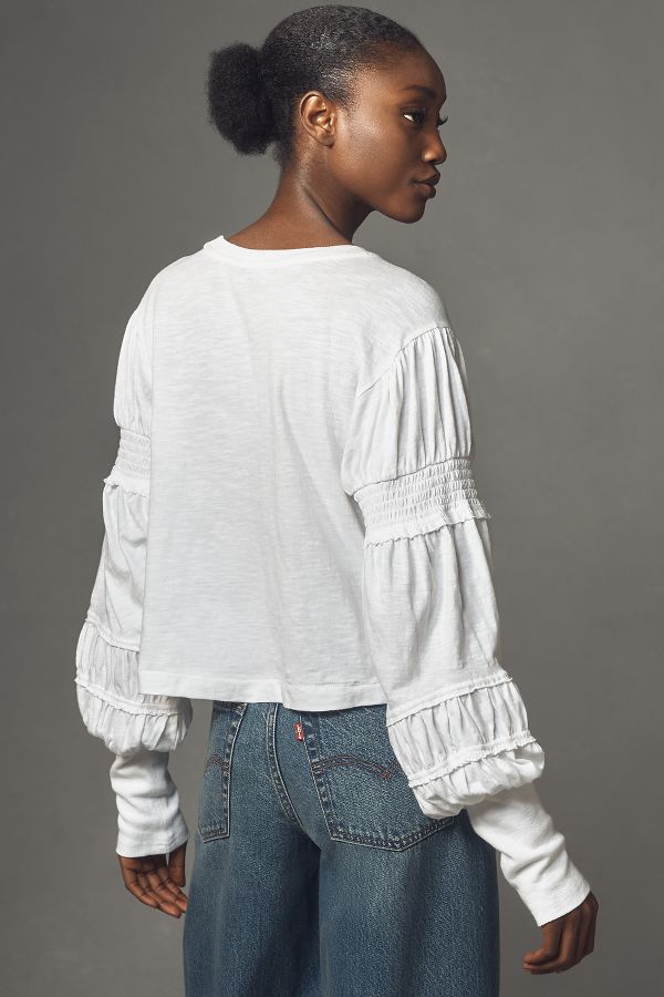 Slide View: 3: Pilcro Crew-Neck Ruched & Smocked-Sleeve Top